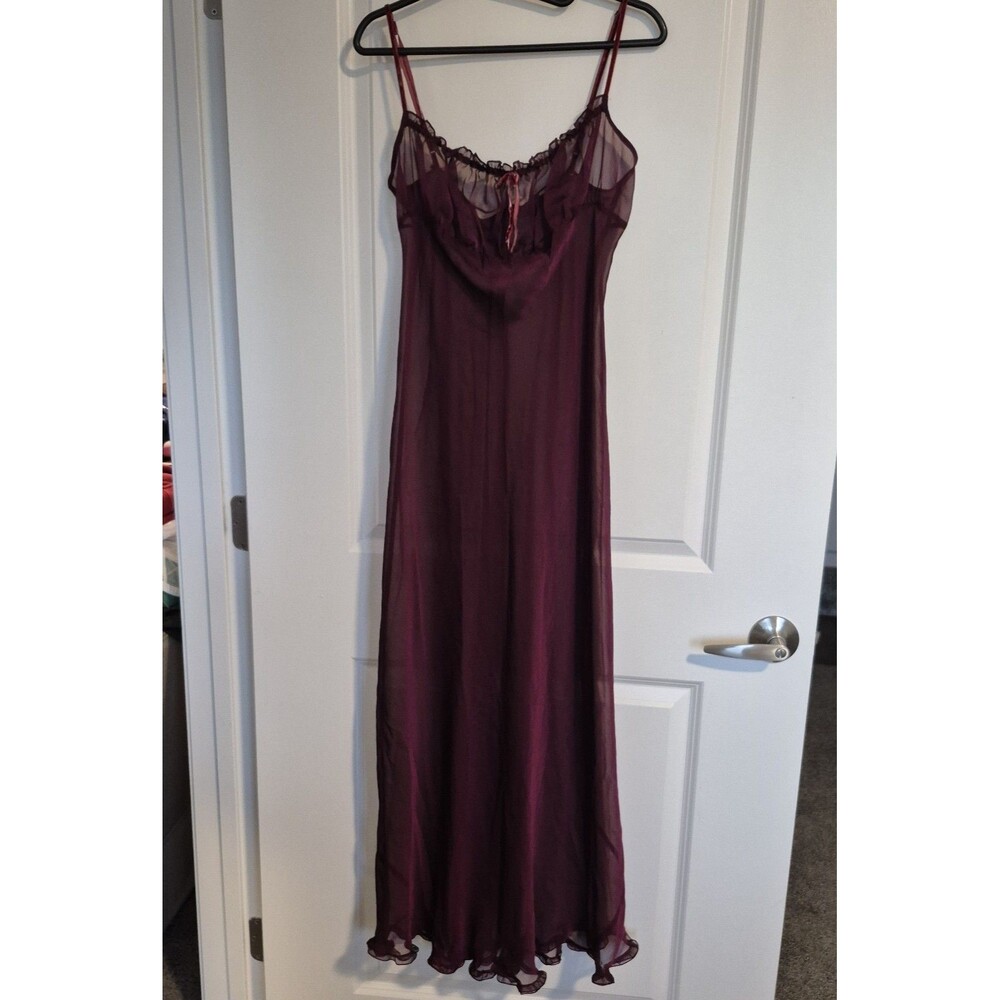 Vintage Victoria's Secret Maroon Plum Sheer Ruffle Maxi Slip Gown Dress M